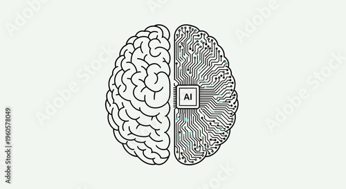 AI Brain Concept: Human Brain Half Organic, Half Circuit Board with Chip