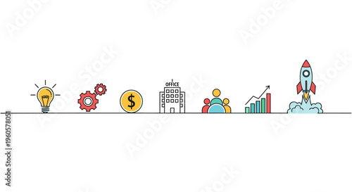 Business startup concept: idea, finance, office, team, growth, and launch