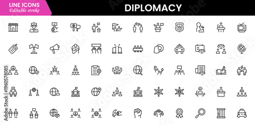 The diplomacy outline icon set comprises spoken and written communication, leaders, diplomats, the international system, and foreign policy. Editable stroke outline icon.