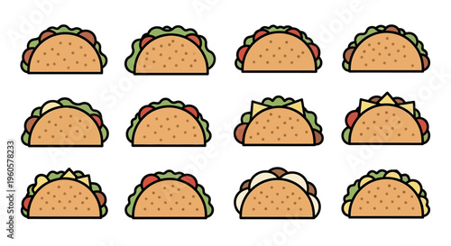 Colorful Taco Icons Set, Mexican Food Flat Design Vector Illustration