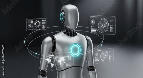 Futuristic Robot AI with Holographic Displays and Global Data Visualization
