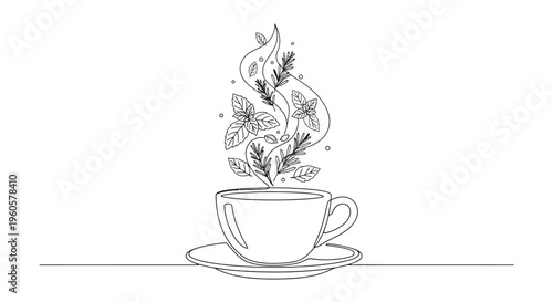 Herbal Tea Cup Steam Line Art Drawing - Aromatic Herbs Infusing in Hot Beverage