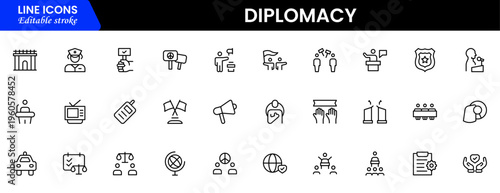 The diplomacy outline icon set comprises spoken and written communication, leaders, diplomats, the international system, and foreign policy. Editable stroke outline icon.