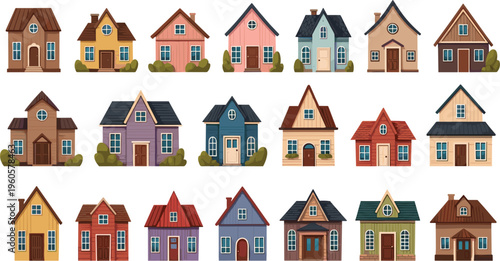 Cute cartoon houses collection colorful suburban homes architecture vector illustration set