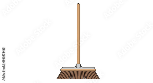 Simple Wooden Broom with Bristles on White Background - Cleaning Tool Illustration