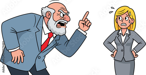 Angry Boss Yelling at Female Employee in Office Setting, Business Conflict, and Workplace Illustration for Stress, Management, and Leadership Designs