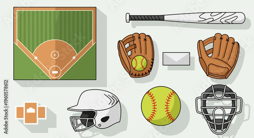 Baseball Equipment and Field Flat Design Icons - Sports Gear Collection