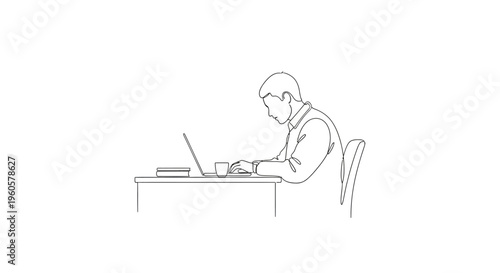 Man working on laptop at desk, focused on screen, minimalist line art illustration