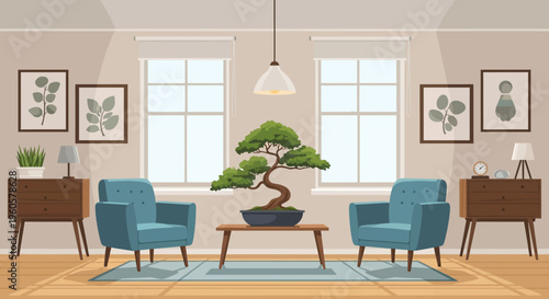 Cozy Living Room with Bonsai Tree, Armchairs, and Windows