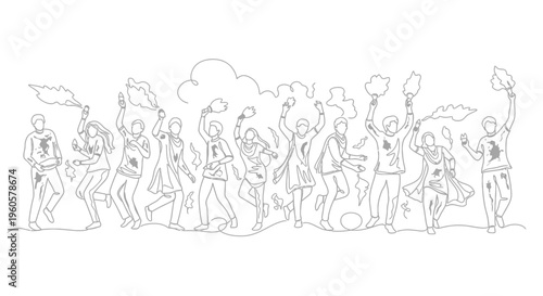 Diverse Group Cheering with Smoke Bombs and Flags - Celebration and Unity