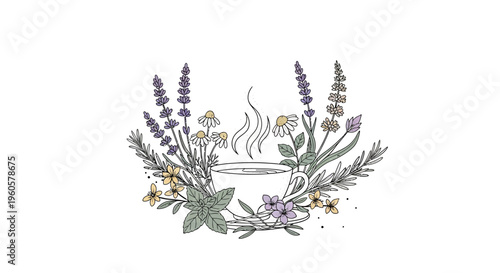 Herbal Tea Cup with Steaming Aroma Surrounded by Fresh Lavender and Chamomile Flowers