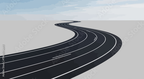 Curving Asphalt Road with White Lines, Leading to Horizon Under Cloudy Sky