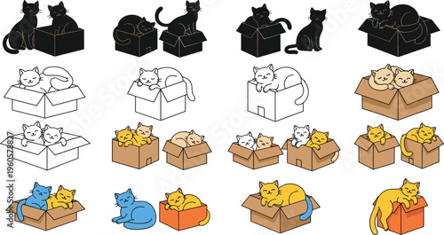Cute cats in boxes collection cartoon kittens sitting in cardboard boxes vector illustration set