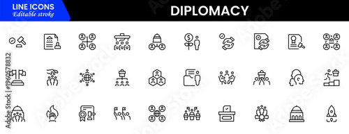 The diplomacy outline icon set comprises spoken and written communication, leaders, diplomats, the international system, and foreign policy. Editable stroke outline icon.