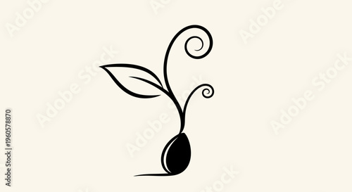 Seedling Sprout Growing From Seed, Black Outline, Minimalist Design, Concept of Growth