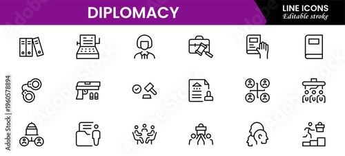 The diplomacy outline icon set comprises spoken and written communication, leaders, diplomats, the international system, and foreign policy. Editable stroke outline icon.
