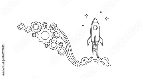 Rocket Launch with Gears: Business Growth, Startup, Innovation, and Success Concept