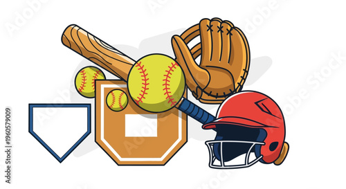 Baseball and Softball Equipment Collage: Bat, Balls, Glove, Helmet, and Bases