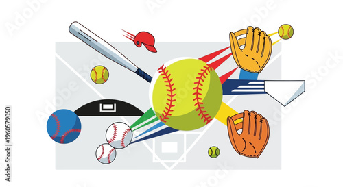 Baseball and Softball Equipment Collage on Field Background