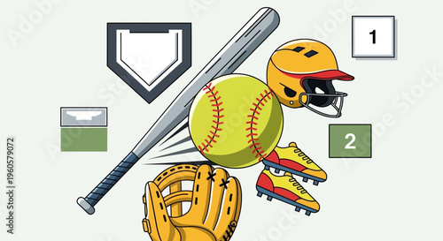 Baseball and Softball Equipment Collection: Bat, Ball, Glove, Helmet, Shoes, Home Plate