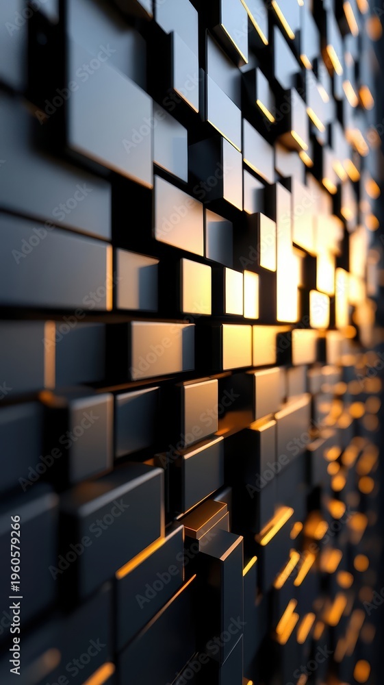 Fototapeta premium Black and gold squares wall abstract geometric pattern featuring a repeating arrangement of black and gold squares