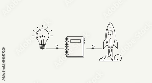Idea to Launch: Lightbulb, Notebook, Rocket Ship, Business Startup Concept