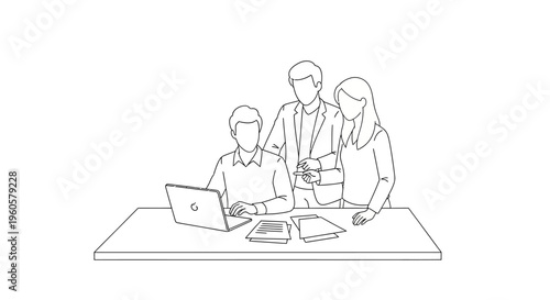 Teamwork in office: colleagues collaborating on laptop, discussing project at desk