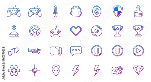 Gaming Icons Set: Pixel Art Style, Gradient Colors - Game Controller, Heart, Trophy, Shield