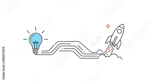 Lightbulb Idea Inspiring Rocket Launch, Startup Concept, Innovation, Success