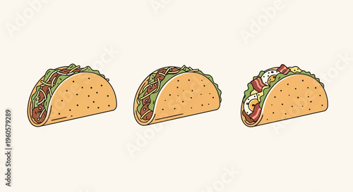 Three delicious tacos with fresh ingredients, isolated on a light background.