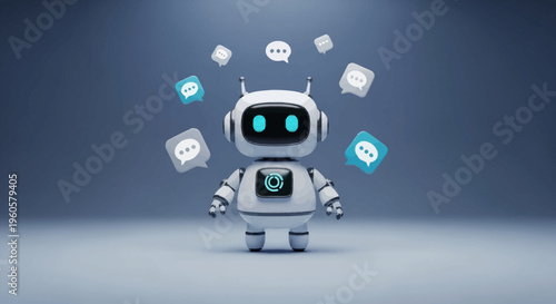 Cute robot with chat bubbles, AI chatbot concept, digital communication, futuristic technology