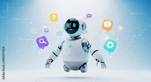 Cute AI Robot with Chat Bubbles, Question Mark, Search, Gear Icons - Technology Concept