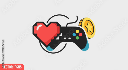 Pixel Heart, Game Controller, and Gold Coin Icon: Gaming, Love, and Success Concept