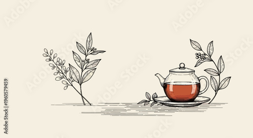 Vintage Tea Time: Hand-Drawn Teapot with Herbal Leaves and Warm Beverage