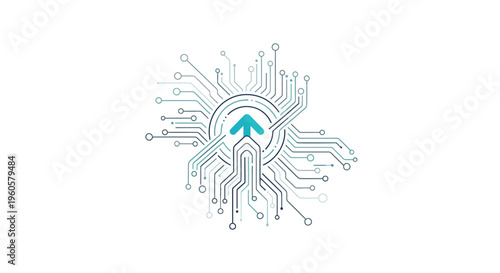 Digital circuit board with glowing blue arrow pointing up, technology concept