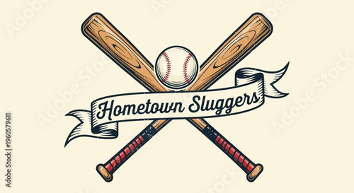 Hometown Sluggers Baseball Logo: Crossed Bats, Ball, and Banner