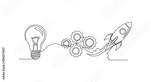 Lightbulb Idea Ignites Rocket Launch with Gears: Innovation and Startup Concept