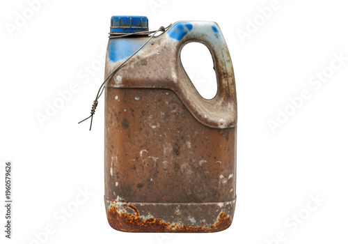A rusty old plastic jug with a handle and cap