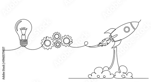 Lightbulb idea gears and rocket ship launch, concept of innovation and startup