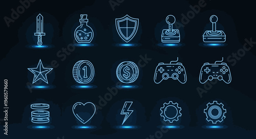 Neon Game Icons: Sword, Potion, Shield, Joystick, Star, Coin, Controller, Heart, Bolt, Gear