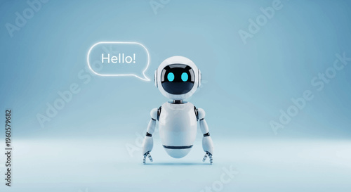 Friendly robot saying hello with speech bubble on blue background