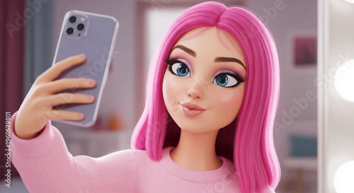 3D Animated Girl with Pink Hair Taking Selfie with Smartphone in Makeup Room