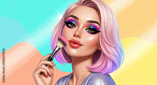 Glamorous Woman with Colorful Makeup and Pink Hair Applying Blush with Brush