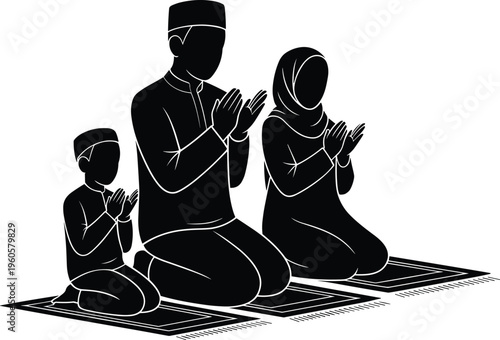 Silhouette of a Muslim Family Including Father Mother and Son Praying Together on Prayer Mats in Traditional Islamic Worship Pose