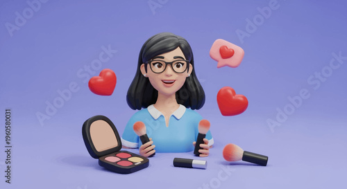 3D Cartoon Woman with Makeup Brushes, Palette, Lipstick, and Hearts