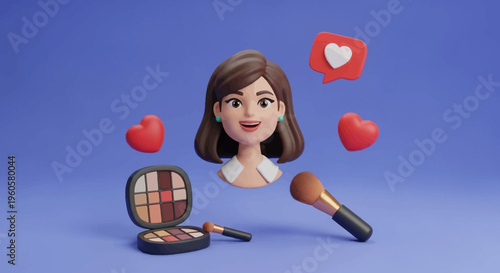 3D Cartoon Woman Influencer with Makeup and Social Media Icons