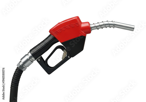 A red and black gas pump nozzle with a silver spout