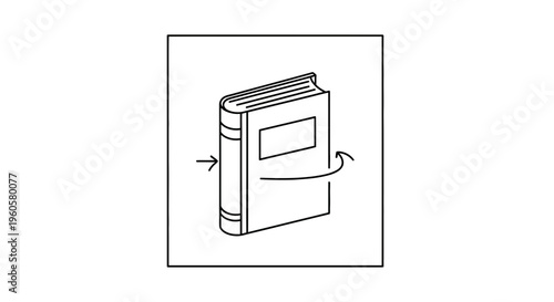 Minimalist black and white line art illustration of a book with arrows indicating an action or