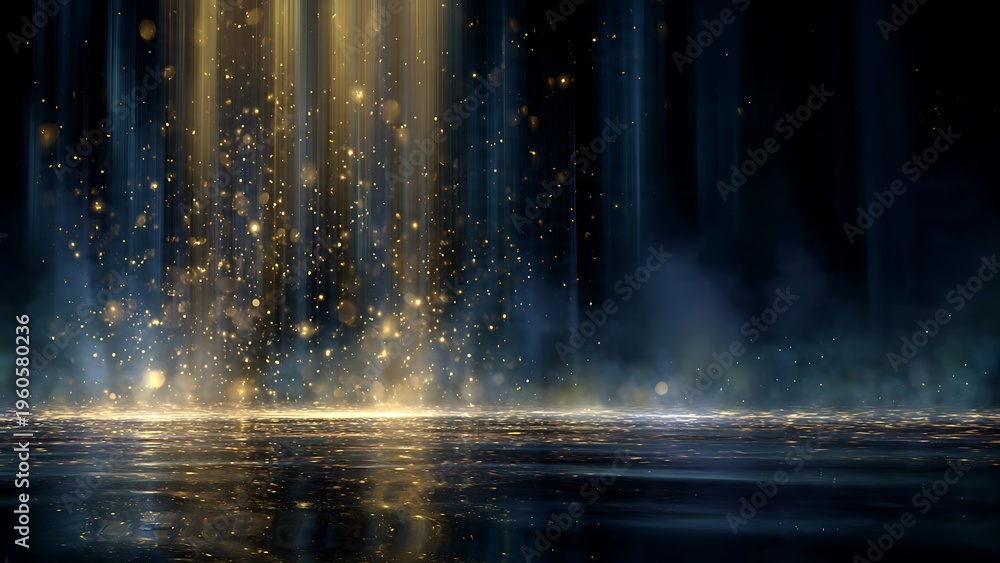 Naklejka premium Golden light beams cascade onto a dark stage backdrop with sparkling particles and fog