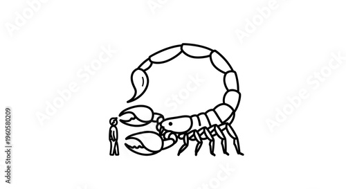 Intriguing minimalist illustration of a human figure observing an enormous scorpion, highlighting